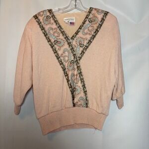 Vtg Anthony Sicari Pink Paisley V Neck Dolman Sleeve Sweater Size 10 Made in USA